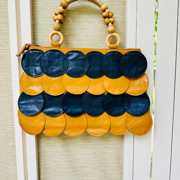 Uddini Purse Boho Bag Black and Tan Circle Fish Scales Leather Bag Beaded Handle - Picture 2 of 6